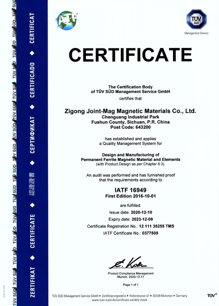 Trung Quốc JOINT-MAG Magnetic Materials Co., Ltd. Zigong Chứng chỉ